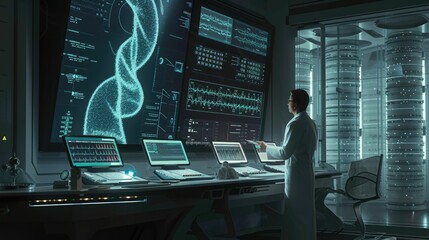 Poster - Professional scientist looking patient data chart while analyzing data. Skilled smart medical researcher using technology innovation or AI to connect with data while monitoring patient symptom. AIG42.