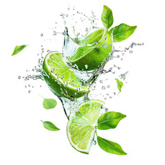 Wall Mural - Fresh limes splashing with leaves, cut out