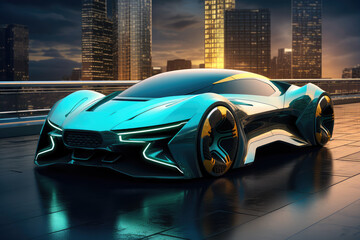 Poster - Sleek Futuristic Car with City Skyline