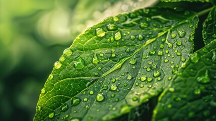 Wall Mural - Serene Close-up of Glistening Dewdrops on Lush Green Leaf