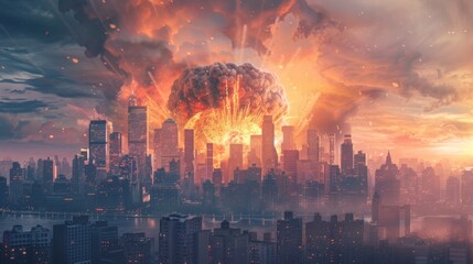 Nuclear war explosion mushroom rising up in city metropolis. Fiery cloud of atomic bomb detonation