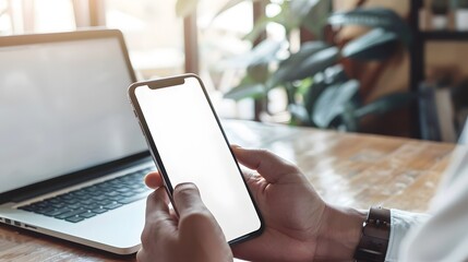 holding smartphone with blank screen mockup background,generative ai