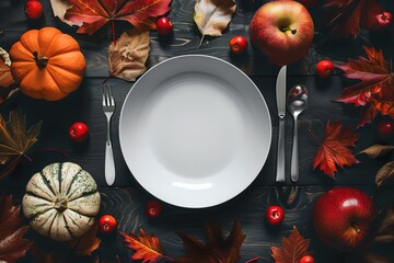 Wall Mural - Collage with beautiful table setting with autumn decor for Thanksgiving Day on dark background, top view