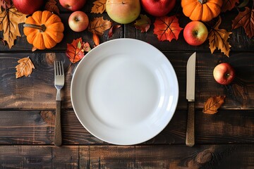 Wall Mural - Collage with beautiful table setting with autumn decor for Thanksgiving Day on dark background, top view