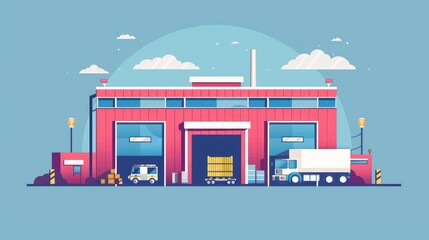 Sticker - Modern Warehouse with Trucks Illustration