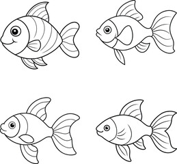 A set of black and white fish drawing outline