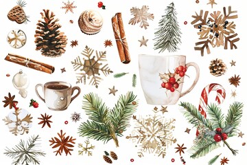 Canvas Print - A white background with a variety of Christmas decorations including a cup