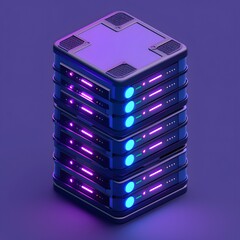 Poster - A futuristic server stack with neon lights on a purple background, representing modern technology and data storage solutions.