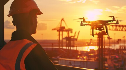 A worker in a hard hat and safety vest stands on a platform, looking out over a busy harbor as a drone flies above. The setting sun casts a warm glow over the scene