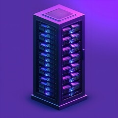 Poster - A glowing purple data server tower with illuminated components in a modern, futuristic setting, representing advanced technology and connectivity.