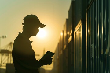 A silhouette of a worker in a cap holds a tablet, standing in front of shipping containers at sunset