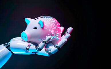 Robot hand holding futuristic piggy bank, AI (Artificial intelligence) Financing