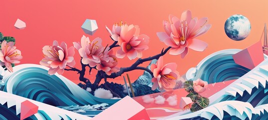 Sticker - A pink and blue background with a tree and flowers