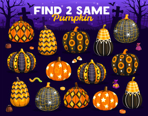 Aufkleber - Halloween kids game. Find two same patterned pumpkins on the meadow or night cemetery. Vector educational riddle for children, search the similar objects leisure activity with cartoon painted gourds