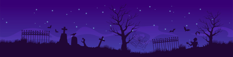 Canvas Print - Halloween cemetery silhouette at night vector banner. Halloween horror holiday spooky graveyard landscape of scary zombies reaching out from graves, creepy trees and bats on dark night sky background