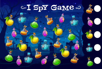 Poster - Halloween i spy game worksheet with witch magic potion bottles on night cemetery. Vector kids riddle, count how many cartoon colorful brews in glass flasks, education task for baby mind development