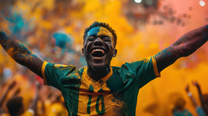 A football fan with their face painted in the world cup colors binds football fans together. Moments and matches are captured by onlookers in awe.