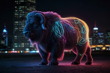 Wall Mural - Musk ox neon light style city background 