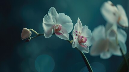 Canvas Print - Unique white phalaenopsis flower with pink splotches on petals macro on blurred dark backdrop Household blooms