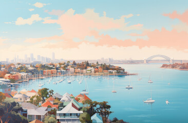 Wall Mural - Tranquil Harbor Sunset Cityscape Artwork