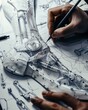 © Boontharika - Close-up of hands drawing intricate robotic parts on paper with pencil, showcasing technical engineering and detailed design.