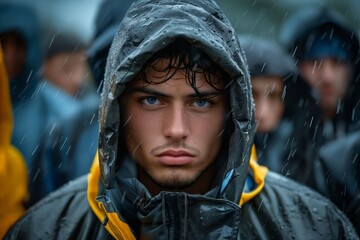 Poster - A man in a raincoat standing in front of a group of people.