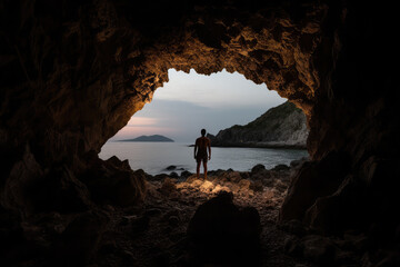 Canvas Print - Lone Explorer at Cave Entrance Overlooking Ocean Sunset