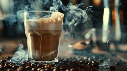 Cup glass of coffee with smoke and coffee beans on old wooden background