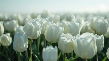 Wall Mural - White tulips bloom beautifully in the spring field