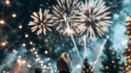 New Year's celebration, fireworks sparkling in the night sky, shiny decorations and a lively crowd, capturing the excitement of the holidays