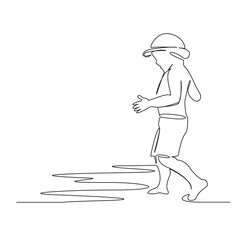 Wall Mural - One continuous single drawing line art flat doodle stretch out, kid, sea, beach, holiday, summer, boy, child, vacation, sand, sun. Isolated image hand draw contour on a white background