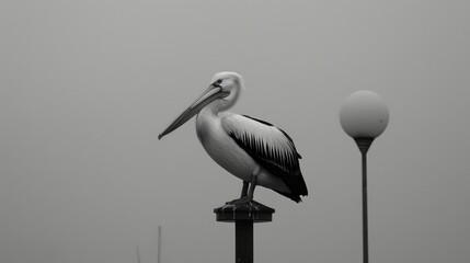 Canvas Print - Australian pelican perches on streetlight pole