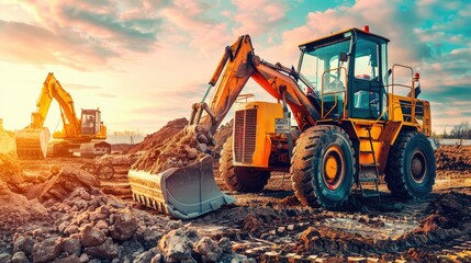 Heavy Machinery at Work During Sunset