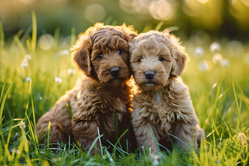 Wall Mural - two labradoodle puppies in grass