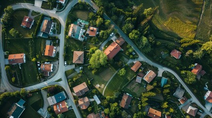 Wall Mural - An aerial shot of a serene countryside village, with quaint houses, winding roads, and surrounding farmland