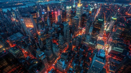 Canvas Print - An aerial view of a bustling cityscape at night, with twinkling lights and busy streets creating a vibrant urban tapestry