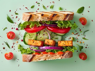 Delicious vegetarian sandwich with tofu, lettuce, cucumber, tomato and red onion.