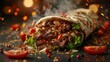 © Sunshine - Close-up of a mouth-watering grilled beef shawarma wrap with fresh vegetables, herbs, and spices, perfect for food and culinary themes.