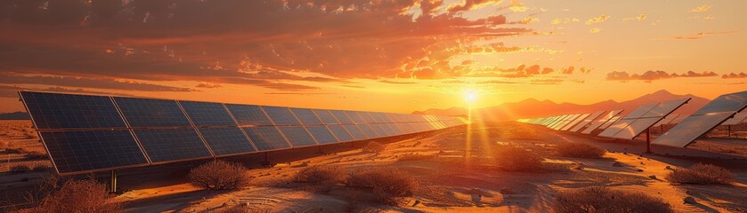 Beautiful sunset over a solar panel farm in a desert, showcasing renewable energy with vibrant colors and sun rays.