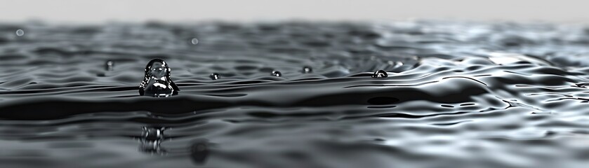 Wall Mural - 3D Render of a Water Drop Falling on a Black Liquid Surface with Ripples