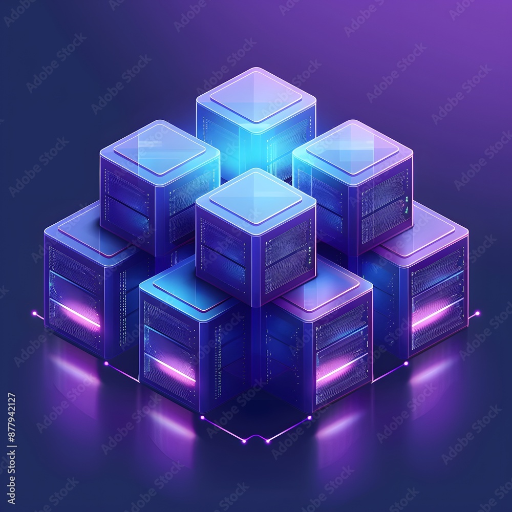 3D rendering of futuristic server racks with neon lights in a hexagonal ...