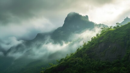 Canvas Print - Misty Mountain Peaks in Ethereal Morning Light