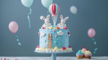 Wall Mural - Beautiful blue birthday cake with fondant bunny ladder clouds and air balloon on grey background