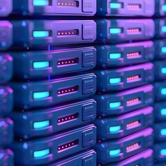 Poster - Close-up view of illuminated server racks in a data center with blue and purple lights, showcasing modern technology infrastructure.