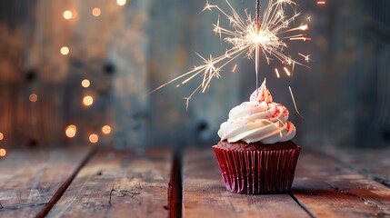 Wall Mural - Birthday cupcake with sparkler on wooden table