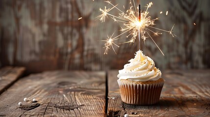 Wall Mural - Birthday cupcake with sparkler on wooden table