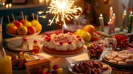 Wall Mural - Birthday table setting with cake a sparkler candies soda and brazilian snacks on table