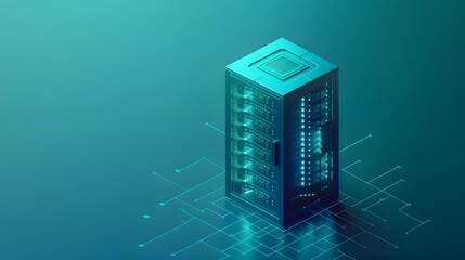 Poster - Futuristic digital server unit, data center with illuminated technology interface, abstract background for tech and IT themes.