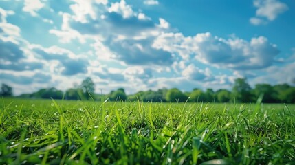 A serene scene featuring a lush green grass field against a bright blue sky