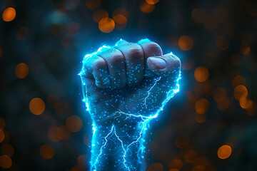 Wall Mural - Hand holding a electricity lightning bolt. Blue